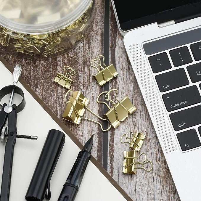 TecUnite 150 Pcs Binder Clips Assorted Sizes Gold Paper Clamps Clips Large Medium Small Office Supplies