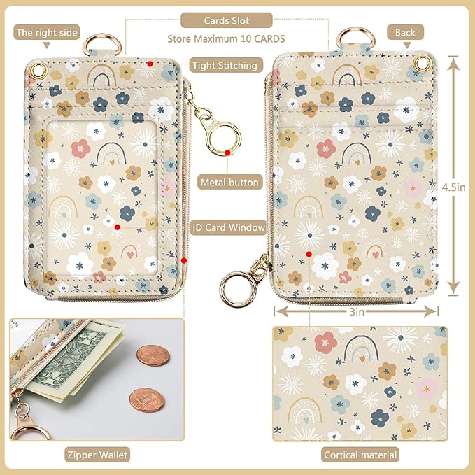 bolimoss Floral Lanyard Wallet & ID Badge Holder 2-in-1, Cute Women Badge Holder with Lanyards, Leather ID Badges Holder for Nurse Teacher Student Office（Flowers Rainbows）