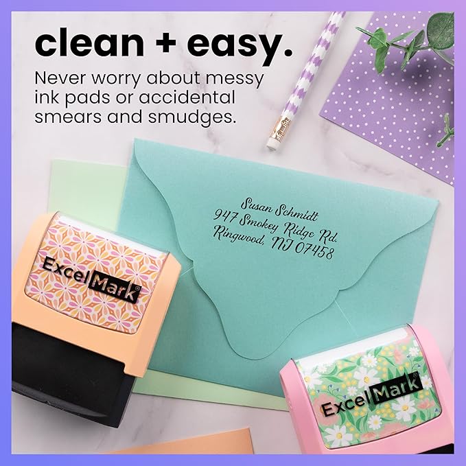 ExcelMark Address Stamp - Custom Return Address Stamp with Elegant Designs, Vibrant Colors & Patterns – Perfect for Mail, Invitations & Gifts (Violet Mount, Custom)