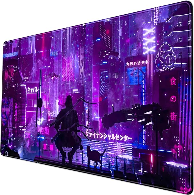 Anime Neon Mouse Pad Purple City Gaming Desk Big Cute Kawaii Pink Extended Mouse Pad Gaming,Office Keyboard Pc Laptop Mousepad Large 31.5x15.7 in-with Stitched Eges Non-Slip Base Mouse Pads Mat