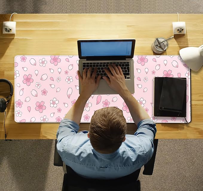 Cherry Blossom Mouse Pad Kawaii Pink XL Large Extended Gaming Desk Mat Cute Pastel Anime Desk Pad Aesthetics Laptop Keyboard Mouse Mat Women Office Decor Mousepad with Stitched Edges 31.5''x11.8''
