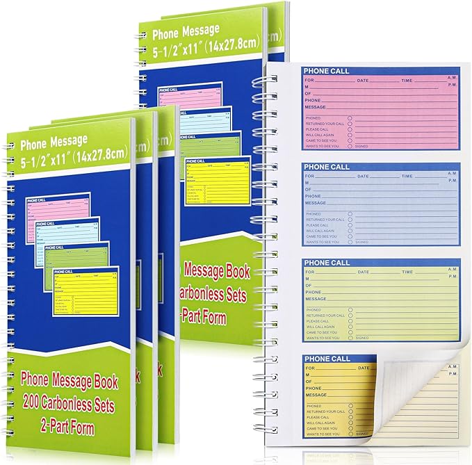 Sinmoe 6 Pcs Spiral Bound Phone Message Book with Carbon Copy 5-1/2" x 11" 2 Part Colorful Carbonless Telephone Message Pads Duplicate Spiral Phone Call Log Book for Business Office