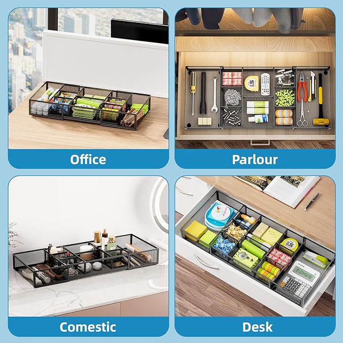 Marbrasse Expandable Desk Drawer Organizer, Mesh Drawer Organizer Tray with 10 Adjustable Compartments, Desk Organizers and Accessories for Office Supplies (Longer Expandable Drawer Organizer-B)