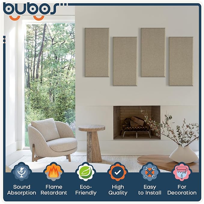 BUBOS 4 PCS Acoustic Panels,23.6''x11.8'' Fabric Soundproof Wall Panels,Self-adhesive Sound Absorbing Panels for Studios, Office, Home Theater,Fabric-Clad Jute