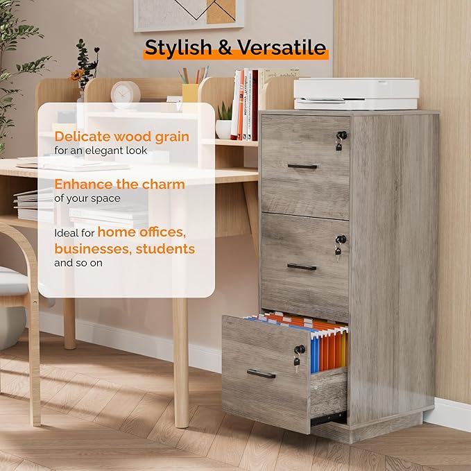 VINGLI 3 Drawer File Cabinet with Lock, Home Office Filing Organizer, for Letter Size File Folder Storage, Wood Tall Vertical Filing Cabinet, Printer Stand, Archivador (Rustic Gray)
