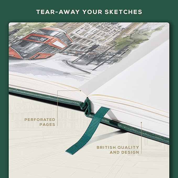 Beechmore Books A3 Sketchbook – 11.7x16.5 Premium Vegan Leather Bound Large Sketch Book Hardcover with 160 Thick 160gsm Perforated Ivory Pages, Blank Sketch Pad Gift Boxed Back Pocket Ribbon Bookmark