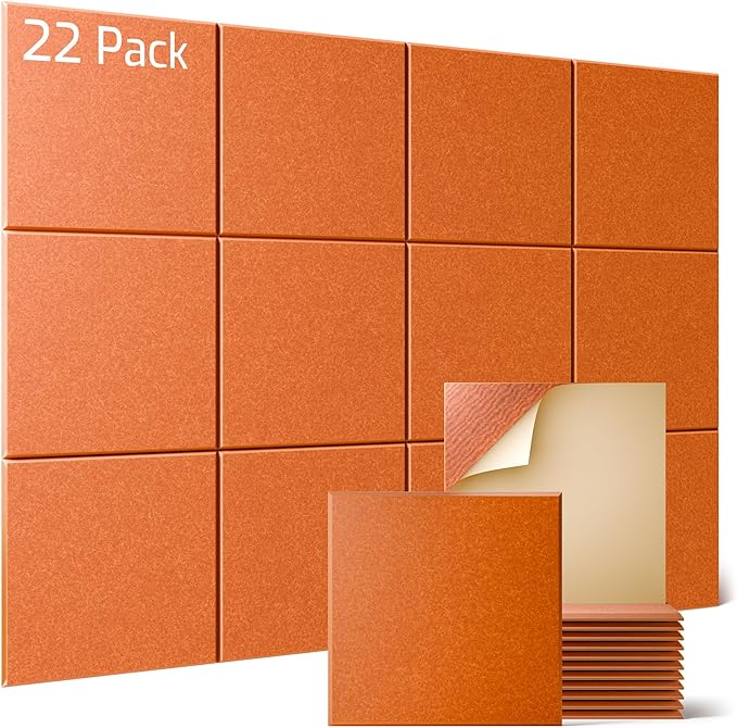 Sonicism 22 Pack Acoustic Wall Panels with Self-Adhesive, 12" X 12" X 0.4" Sound Proof Foam Panels, Decorative Soundproof Wall Panels, Sound Proof Absorbing Tiles for Home & Offices, Orange