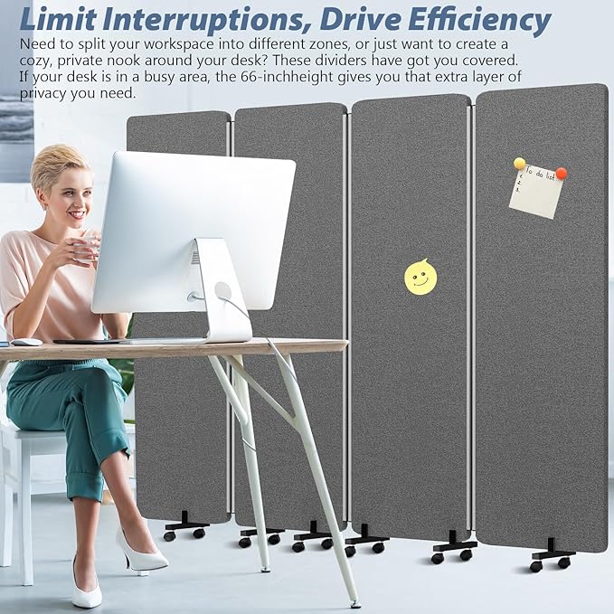 Acoustic Room Divider Privacy Panel with Wheels, 4 Panel Soundproof Room Divider (Aluminum Frame) for Room Partition, Folding Room Dividers Separation Office Cubicle Wall Sound Proof Partition Divider