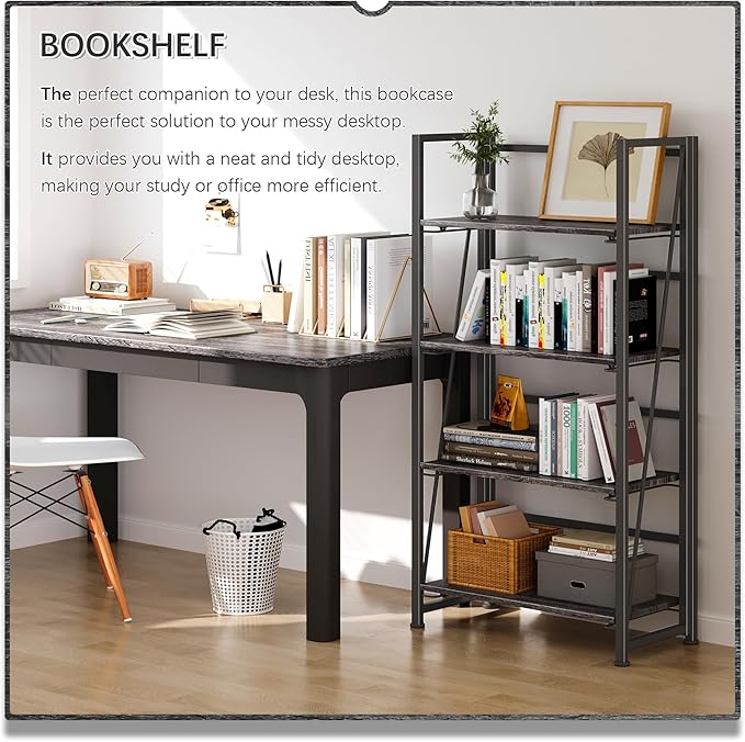 4NM No Assembly Folding Bookshelf Storage Shelves 4 Tiers Vintage Bookcase Standing Racks Study Organizer Home Office (Gray Black)