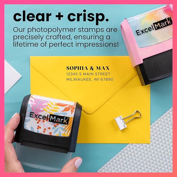 ExcelMark Address Stamp - Custom Return Address Stamp with Elegant Designs, Vibrant Colors & Patterns – Perfect for Mail, Invitations & Gifts (Black Mount, The Statement)