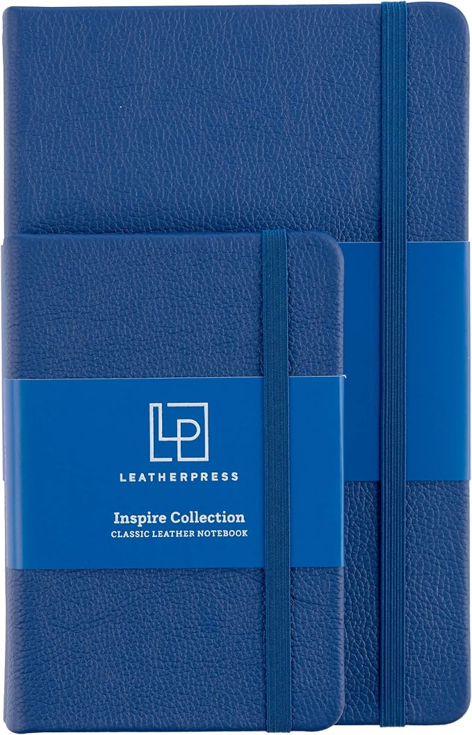 Leather Notebook, Writing Journal, Full-Grain Leather, Narrow Ruled Paper, Notebooks for Work & School, Pacific Blue (8.4" x 5.4”)