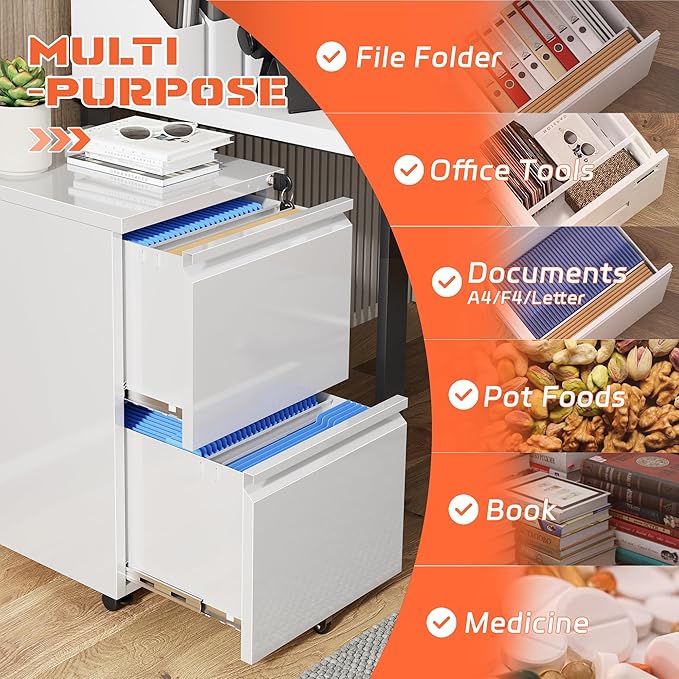 INTERGREAT Mobile File Cabinet with Lock,Under Desk Metal Filing Cabinet for Home Office, White 2 Drawer File Cabinets with Wheels for Legal/Letter/A4 File