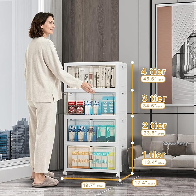 UAMFURI Extra Large Stackable Storage Bins with Lids & Wheels & Door, 416QT-52QT/13GAL*8Pack Foldable Collapsible Closet Organizers, Plastic containers drawers for bedroom Dorm