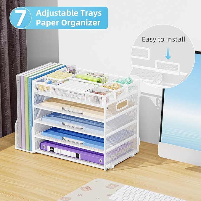 Marbrasse 5-Tier Desk Organizer with File Holder,Paper Letter Tray Organizer,Desktop File Organizer with Adjustable Compartments,Mesh Desk Organizers and Accessories for Office Supplies,White