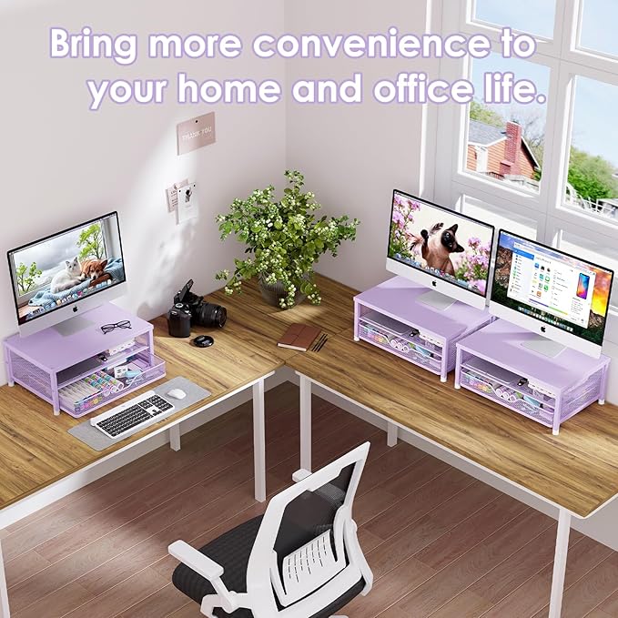 OPNICE Computer Monitor Stand Riser, Desk Organizer with Drawer, Laptop Stand, Office Desk Accessories & Workspace Desktop Organizers Storage for Office Supplies(Purple)