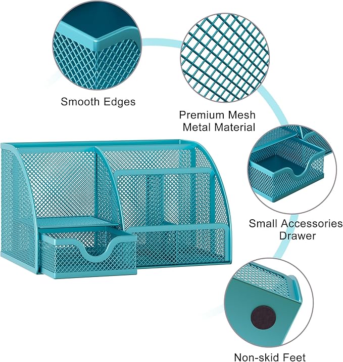 EasyPAG Mesh Desk Organizer with Drawer Multi-Functional Pen Holder Stationery Organizer for Office School Supplies 6 Compartments Dorm Organizers and Storage for Desk, Blue
