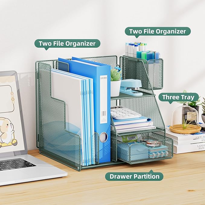 Marbrasse Desk Organizer and Accessories, 3-Tier File Organizer with Drawer and Pen Holder, Small Desktop Organizer and Storage for Workspace Office Supplies Green