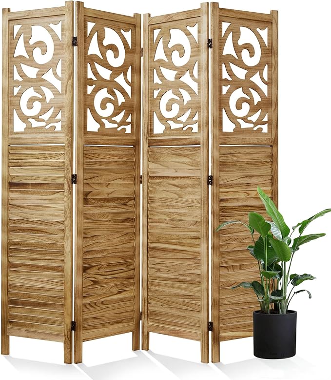 Room Divider Wood Carved Wall Divider Indoor Folding Portable Partition Screen for Home Office Garden Terrace - 4 Panel, 67 * 60inch (Wood)