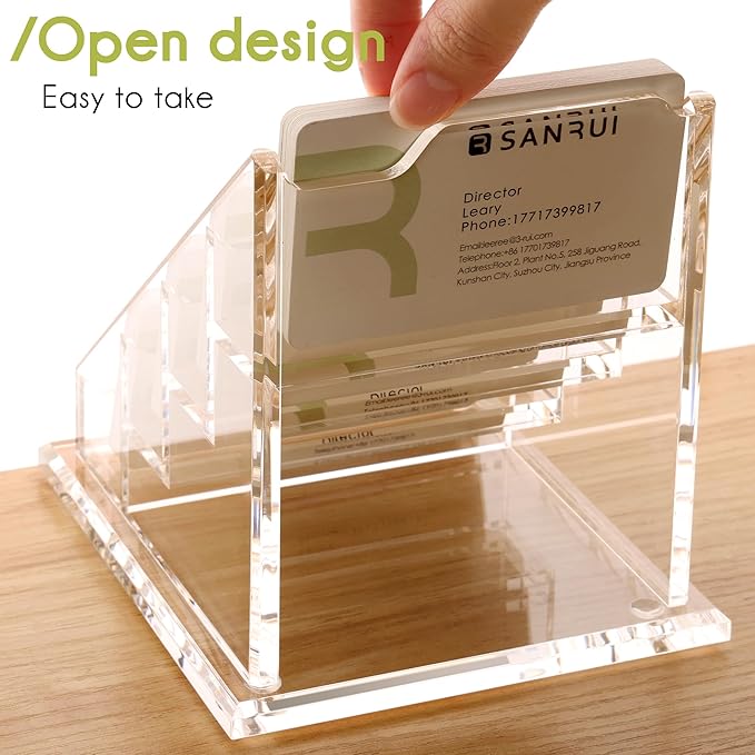 YUXUN Business Card Holder for Desk Clear Acrylic Business Cards Display Stand Name Card Holder Case Organizes 200 Cards-4 Slot 4 Tier 1 Pack(4 slot-H)