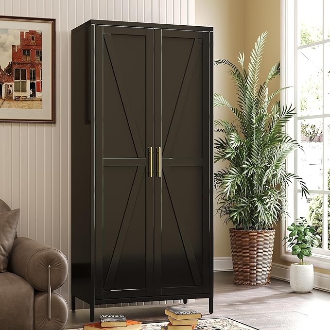 SUPEER Metal Wardrobe Cabinet with Hanging Rod,Metal Wardrobe Closet with Doors and Adjustable Shelves, Armoire Closet Locker for Home,Office,H70.9 X W31.5 X D17.7,Installation Required,Black