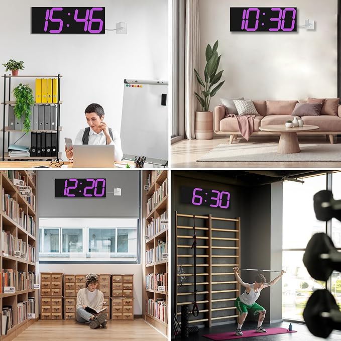 LED Large Digital Wall Clock, Oversize Wall Clock with 6” Numbers, Remote Control Count up/Countdown Timer Clock, Auto Dimmer, Big Calendar and Thermometer(Purple)