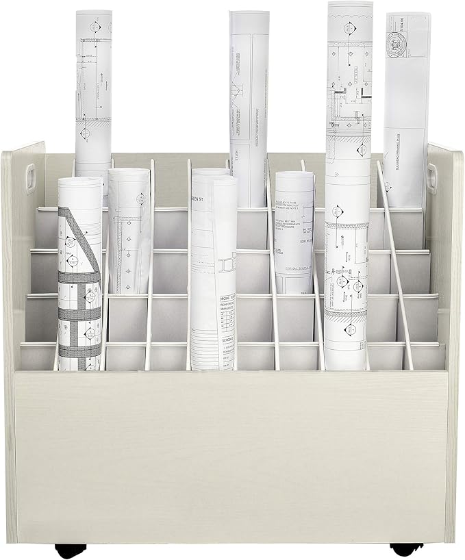 AdirOffice Adir Blue Print Storage Organizer - Mobile Roll File Cart, Construction Plan Holders, Blueprint Cabinet with Wheels, Roll Files Storage for Office and Home (50 Slots, White)