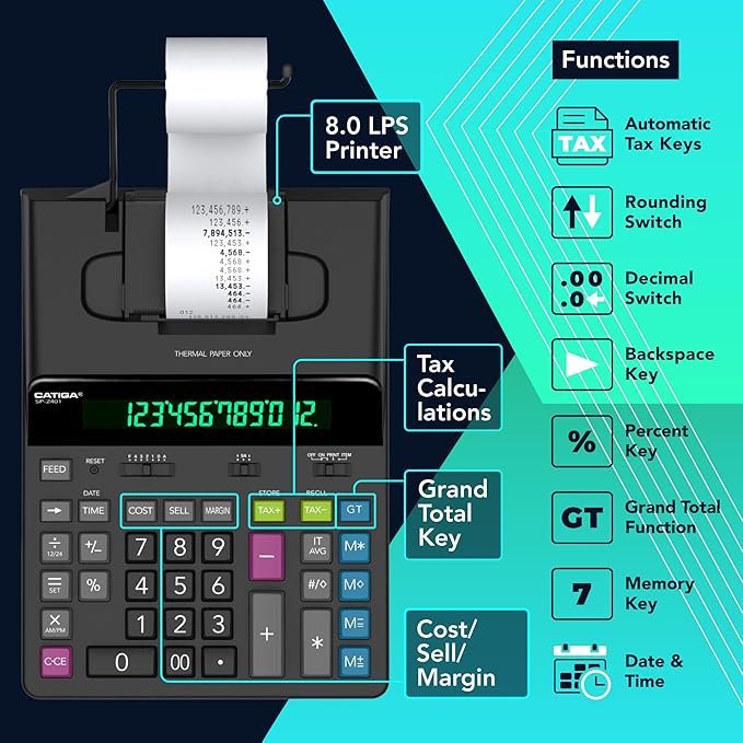 CATIGA 12 Digit Thermal Printing Calculator with Tape Print Out, Ink-Free Adding Machine, 5X Faster Quite at 8.0 LPS, Extra Large Fluorescent Display, Tax Calculation with Clock and Calendar, SP-2401