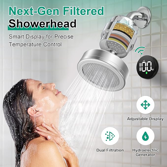 Tem8 Luxury Filtered Shower Head Set with Wireless Temperature Display, Dual Filtration Showerhead Filter, High Put Shower Filter for Hard Water with 3 Replaceable Tem8 Cartridges, Chrome