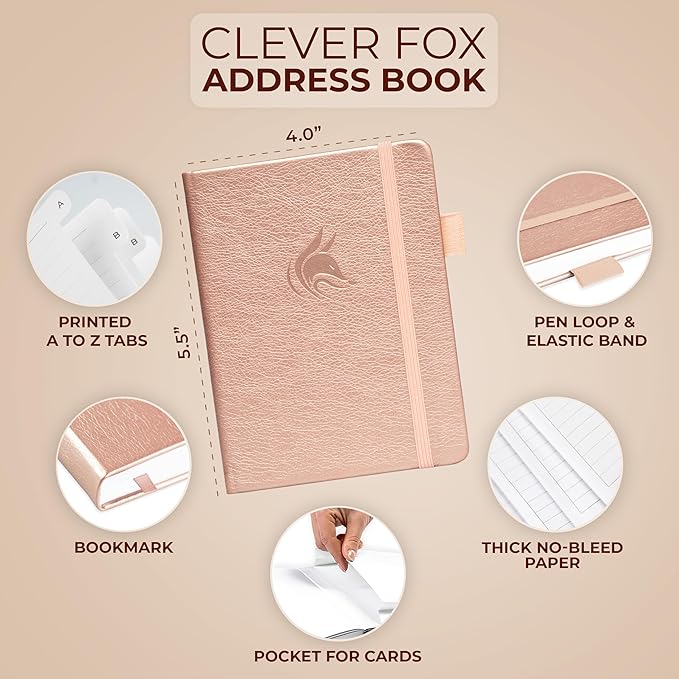 Clever Fox Address Book with alphabetic tabs - PU leather telephone and address book for keeping contacts safe, Contact Organizer Journal, Small Size (4.0″ x 5.5″), Hardcover, Rose Gold