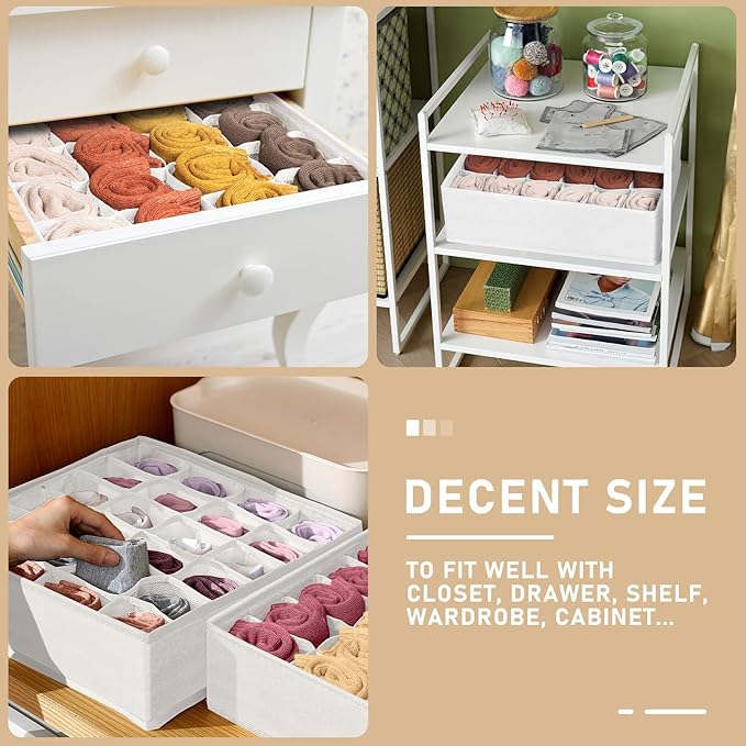 Criusia 3 Pack Sock Underwear Drawer Organizer Dividers, 64 Cell Fabric Foldable Cabinet Closet Organizers and Storage Boxes for Storing Socks, Panties, Ties (16+24+24 Cell, White)