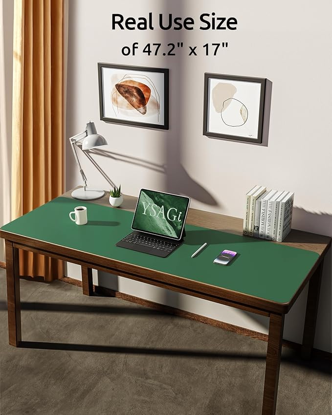 YSAGi Leather Desk Pad Protector, Office Desk Mat, Large Mouse Pad, Non-Slip PU Leather Desk Blotter, Laptop Desk Pad, Waterproof Desk Writing Pad for Office and Home (Jade Green, 47" x 17")