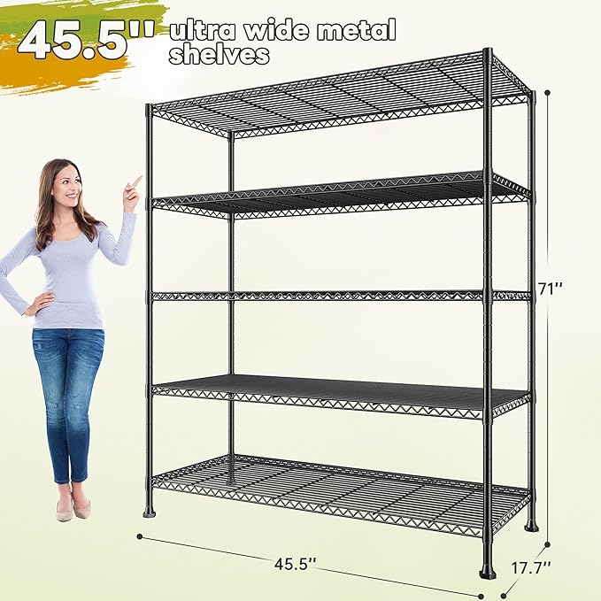 REIBII 45.5''W Storage Shelves Wire Shelving, 5 Tier Pantry Shelves for Storage Rack, Adjustable Metal Shelving for Pantry Kitchen Steel Shelving, 45.5" W x 71" H x 17.7" D