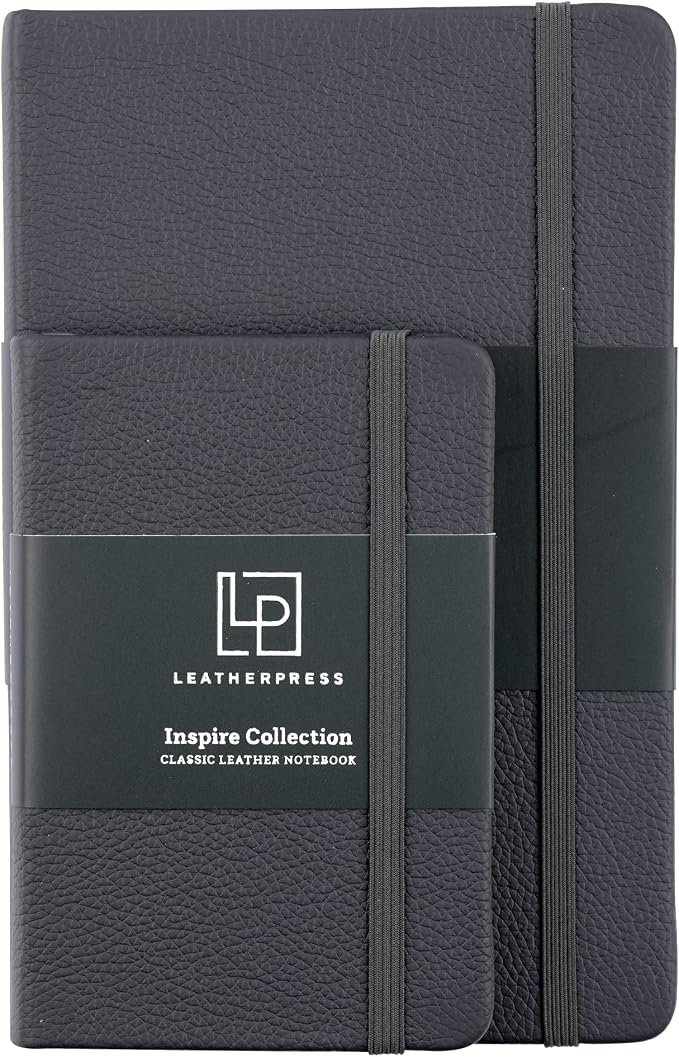 Leather Notebook, Writing Journal, Full-Grain Leather, Narrow Ruled Paper, Notebooks for Work & School, Twilight Gray (8.4" x 5.4”)