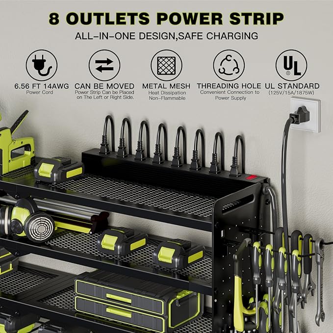 NattyDot Power Tool Organizer Wall Mount with Charging Station,Cordless Tool Organizer 8 Drill Holder, 4 Layer Storage Rack for Garage Organization,Tool Holder with 8 Outlet Power Strip (Black)