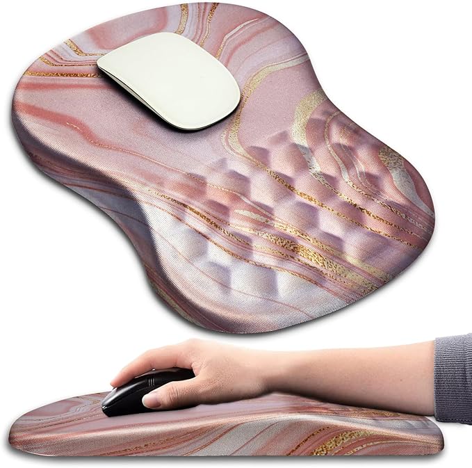 Hokafenle Ergonomic Mouse Pad Wrist Support with Massage Design, Wrist Rest Pain Relief Mousepad with Memory Foam&Non-Slip PU Base, Mouse Pads for Wireless Mouse & Desk (12x8 inch,Pink Gold Marble)