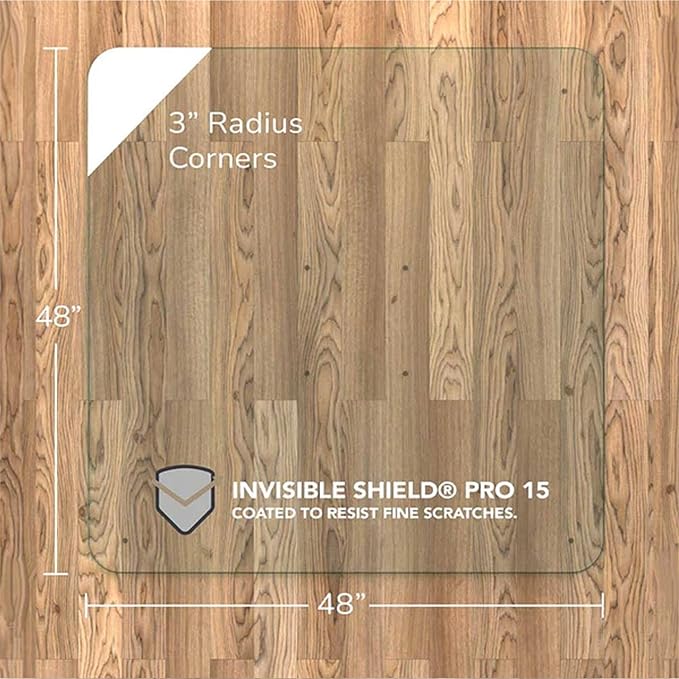 Vitrazza Glass Chair Mat 48” x 48” Superior ¼ Thick, Chiaro Standard Clear, Certified Tempered Safety Glass, Delivers a Smooth Glide, Protects Carpet or Wood, Beautiful in Home or Office