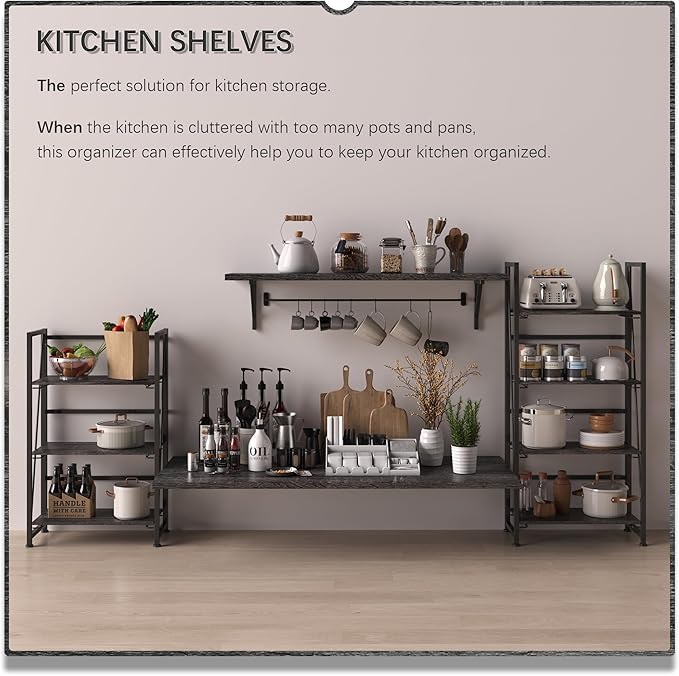 4NM No Assembly Folding Bookshelf Storage Shelves 3 Tiers Vintage Bookcase Standing Racks Study Organizer Home Office (Gray Black)