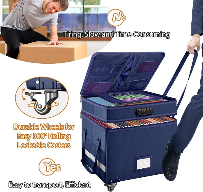 DocSafe File Box with Lock, 2-Layer Fireproof Document Box with Wheels,Collapsible File Storage Organizer with Pockets,Large Portable Office Filing Cabinet Hanging Folders,Blue,16''x13.8''x12.2''