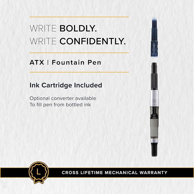 Cross ATX Brushed Chrome Fine Nib Fountain Pen - Refillable Pen for Smooth Writing - Black Ink - Comfortable Grip - Long-Lasting - Professional Office Supplies - Gift Box Included