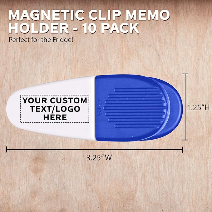10 Magnetic Memo Holders Set - Customizable Text, Logo - Large Clip, Plastic - White Blue