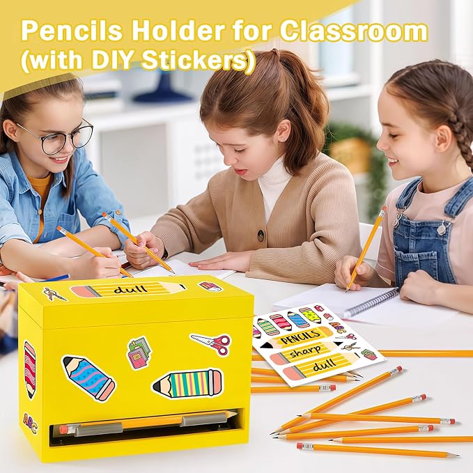 YEGEER Pencil Dispenser for Classroom, Wooden Pencil Holder, Classroom Teacher Must Have, Pencils Straws Organization & Storage for Classroom Office Kitchen Restaurant (yellow)