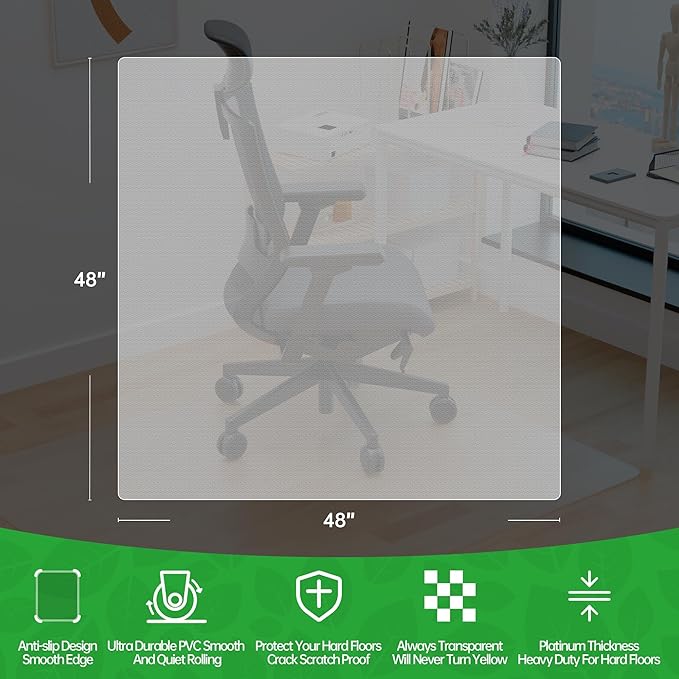 100pointONE Office Chair Mat for Hardwood Floors, Easy Glide Computer Chair Mat, Clear Floor Protector for Chairs 48" x 48"