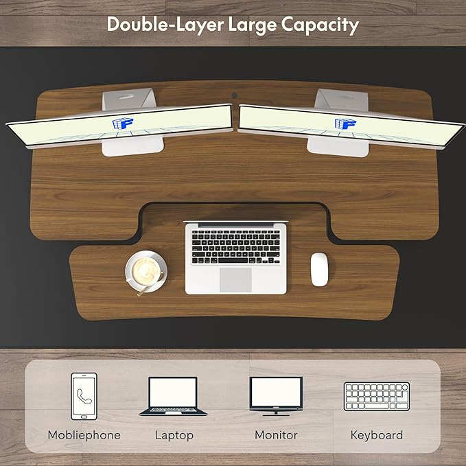 FLXISPOT 42" Standing Desk Converter Sit to Stand up Riser Height Adjustable Monitor and Laptop Workstation with Spacious 2-Tier Desktop, Walnut Color
