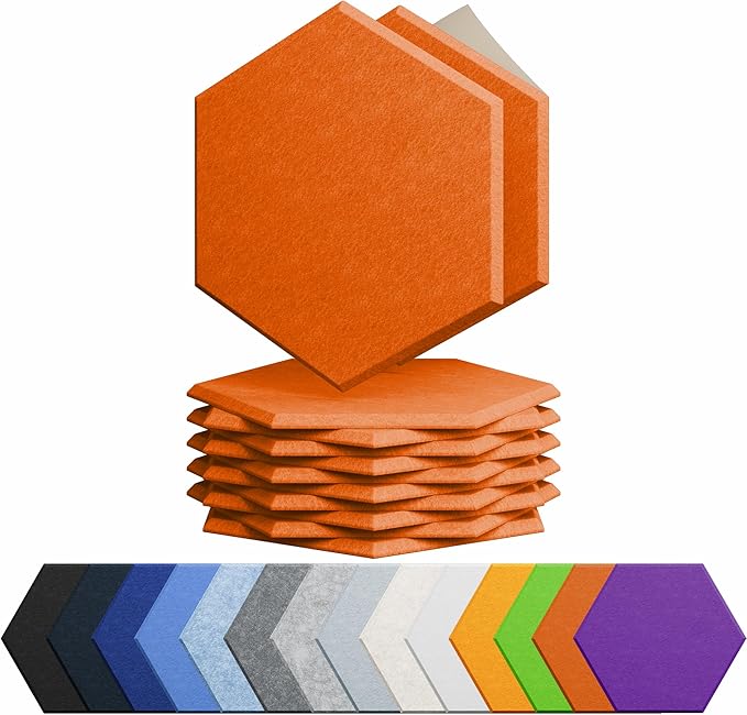 Amantech 12 Pack Acoustic Panels Self Adhesive Sound Proof Foam, High Density Sound Acoustic Panel, 12X10.23X0.4 Inch Hexagon Panels in Home, Office, Reccording Room, Studio,and more(Orange-Red)