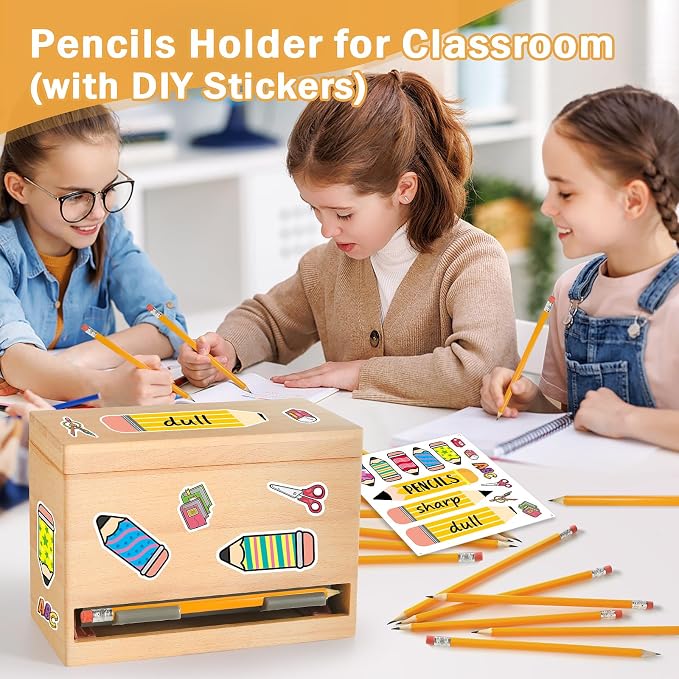 Pencil Dispenser for Classroom, Wooden Pencil Holder, Classroom Teacher Must Have, Pencils Straws Organization & Storage for Classroom Office Kitchen Restaurant (Wood color)