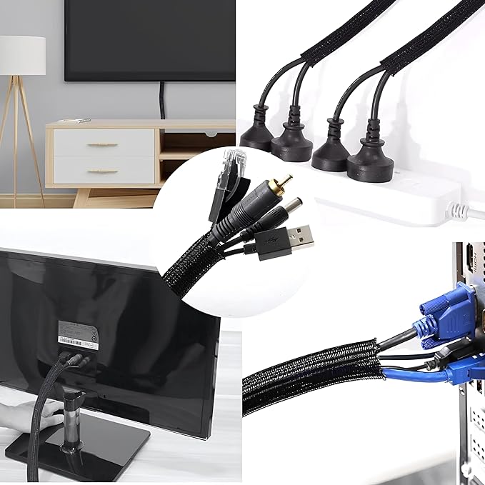 25ft - 1/4 inch Cord Protector Wire Loom Tubing Cable Sleeve Split Sleeve for USB Cable Power Cord Audio Video Cable - Management for TV Computer - Protect Cat from Chewing Cords - Black