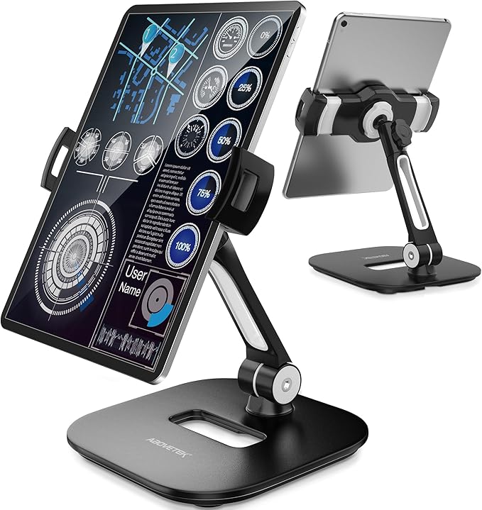 AboveTEK Tablet Stand Holder, Stylish Aluminum iPad Stands, Foldable 360° Swivel Table Stand Holder fits 4-11" Tablets/Smartphones for Kitchen Bedside Office POS Showroom Reception (Black)