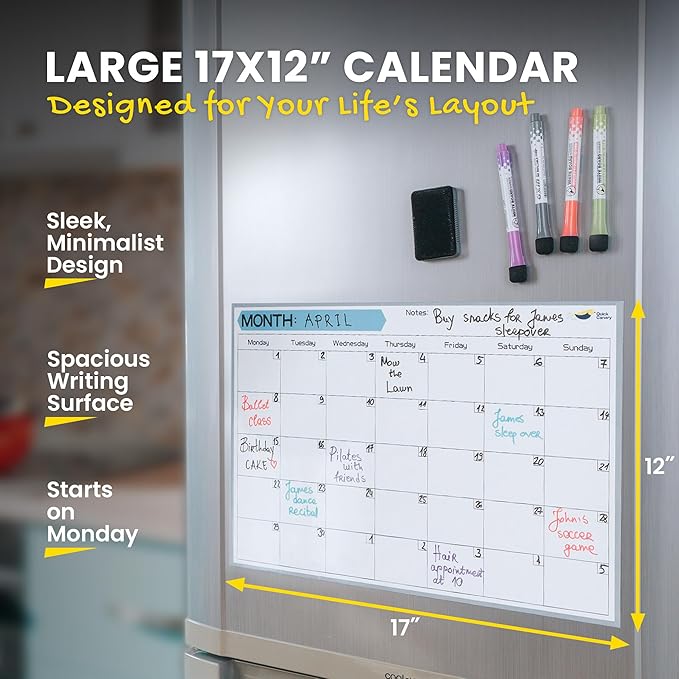 Monthly Magnetic Calendar for Refrigerator - 17x12” Stain-Resistant Dry Erase Fridge Calendar Whiteboard with Large Writing Space for Schedules, Chores & Meals - With 4 Markers & Eraser - Monday Start