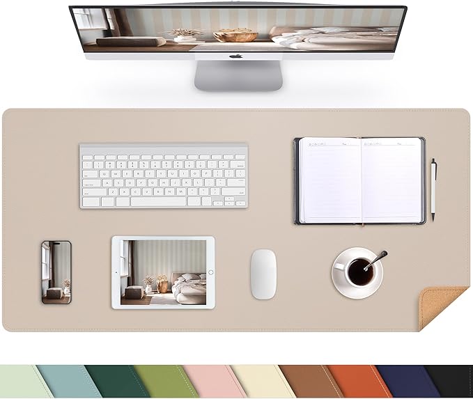 Leather Desk pad Protector, Large Desk mat with Natural Cork & PU Leather,Mouse pad,Non-Slip Office Desk Mat,Waterproof Desk Writing Pad for Office and Home (35in*17in,Beige)