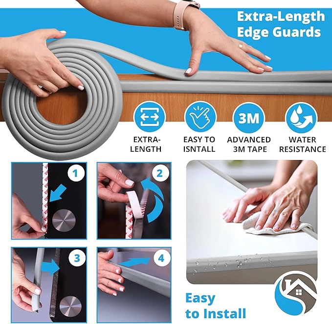 Premium 12ft Edge Protector for Baby, Odorless & Waterproof Edge Protector with 3M Adhesive Tape, Non-Toxic to Baby Proof Corners and Edges, Wall Corner Protector & Desk Edge Cushion Gray